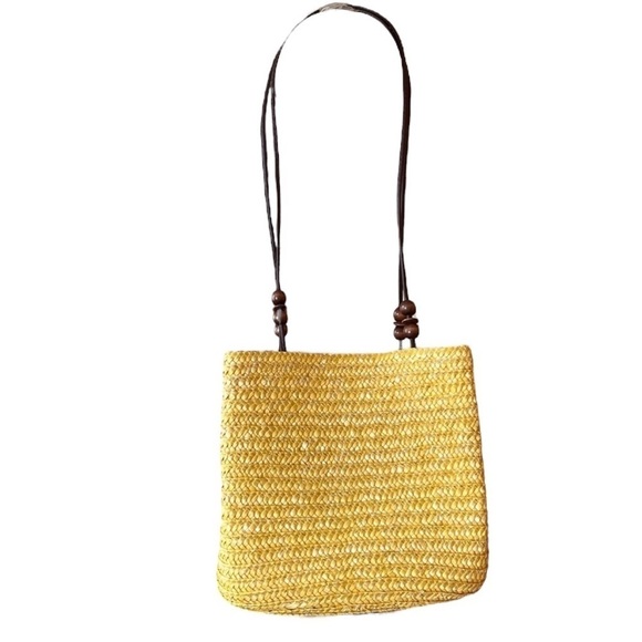 Vintage Handbags - Vintage Yellow Wheat Straw Woven Purse Boho Beaded Resortwear
